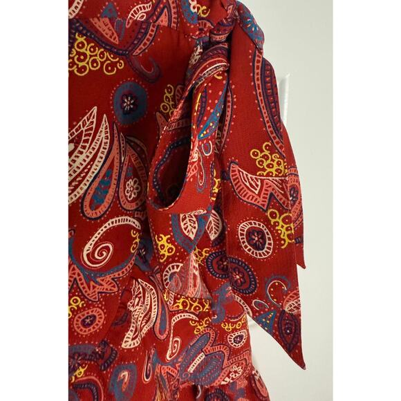 LOFT Red Paisley Wrap Mini Skirt Size 10 – Ruffle Hem Boho Festival Style - Picture 4 of 7